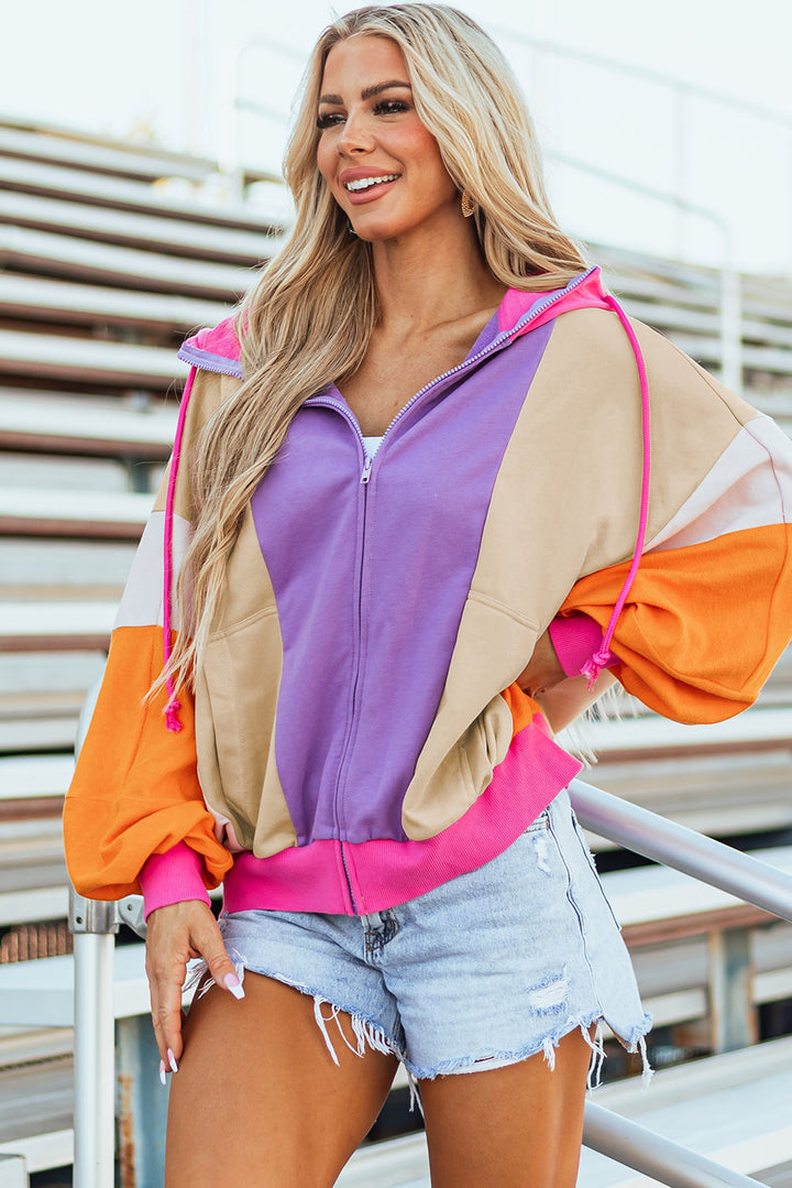 Oversized Colorblock Patchwork Full Zipped Hoodie