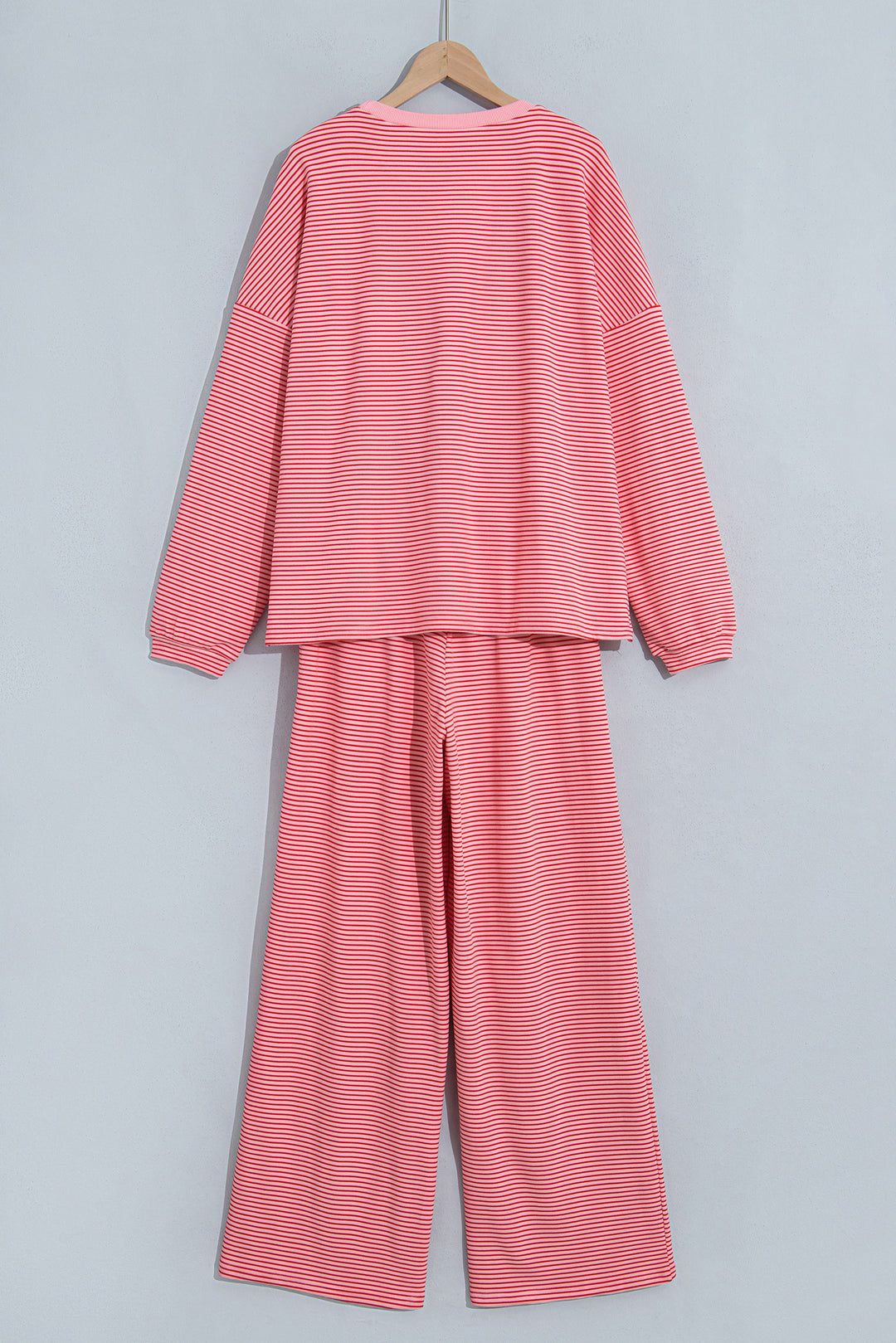 Pink Stripe Contrast Trim Round Neck Oversize Long Sleeve Top 2pcs Pant Set