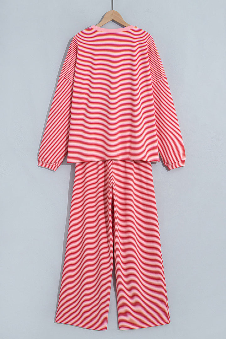 Pink Stripe Contrast Trim Round Neck Oversize Long Sleeve Top 2pcs Pant Set