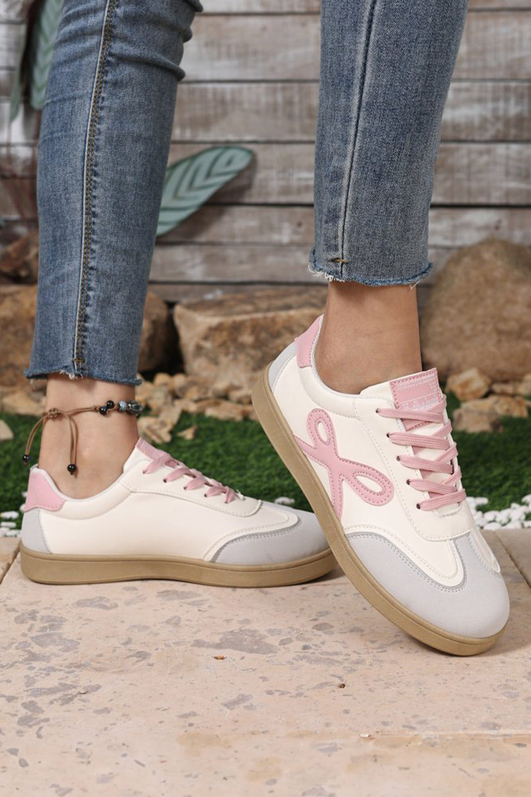 Cute Bow Patch Color Block PU Leather Sneakers