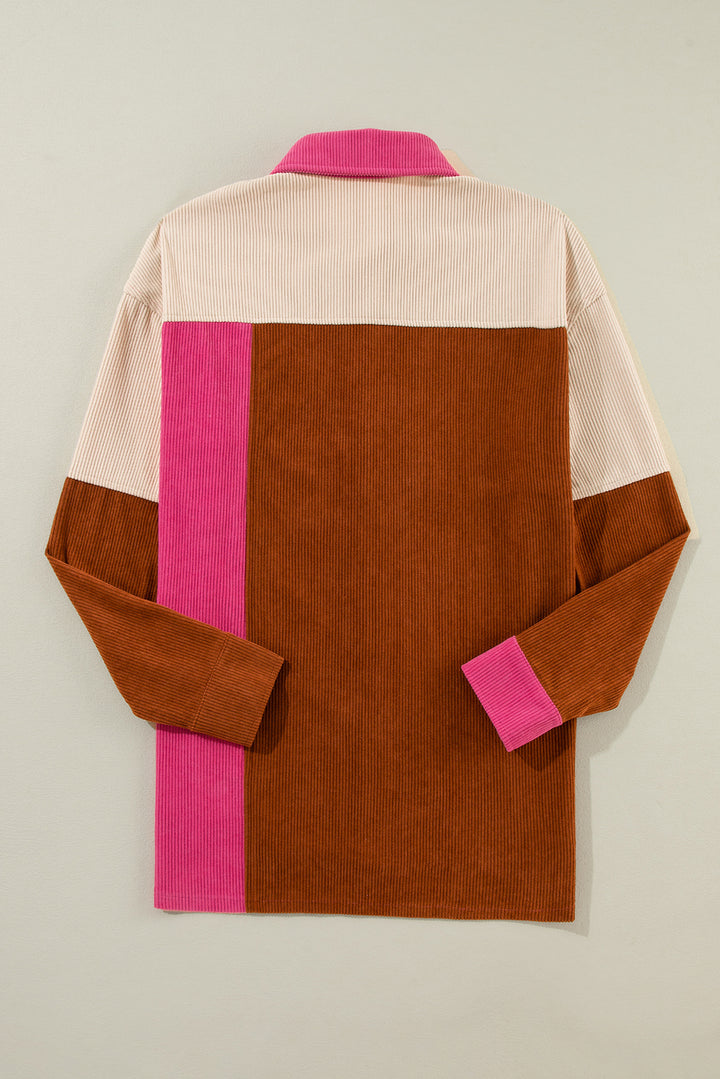 Rose Red Colorblock Curved Hem Corduroy Shacket
