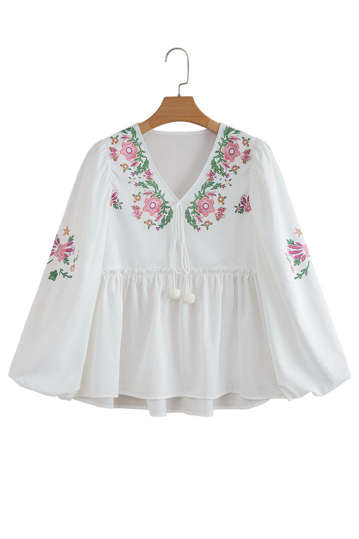 Flower Print Lace-up V Neck Babydoll Blouse