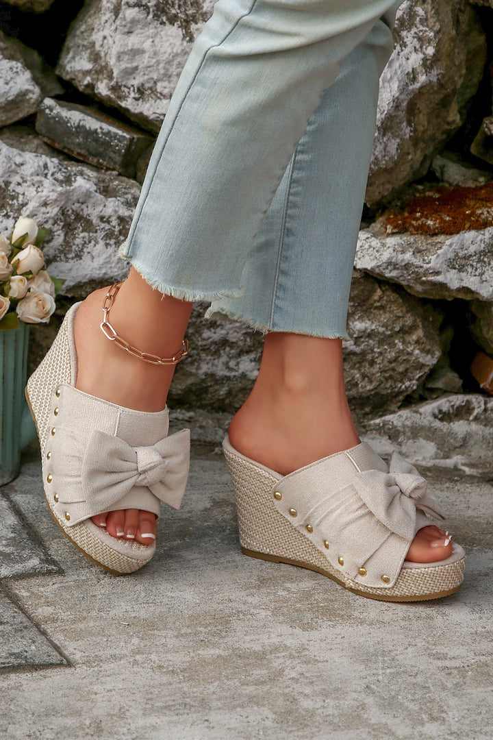 Cute Bow Knot Studded Wedge Platform Slippers
