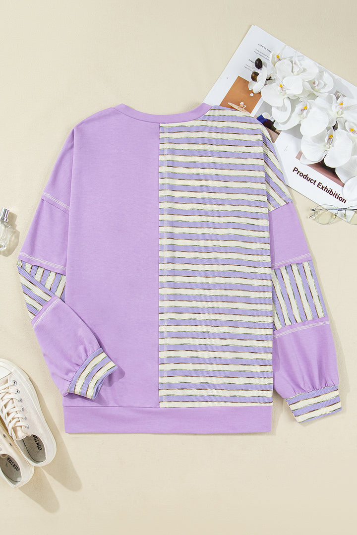Purple Stripe Patchwork Buttoned Drop Shoulder Plus Size Pullover