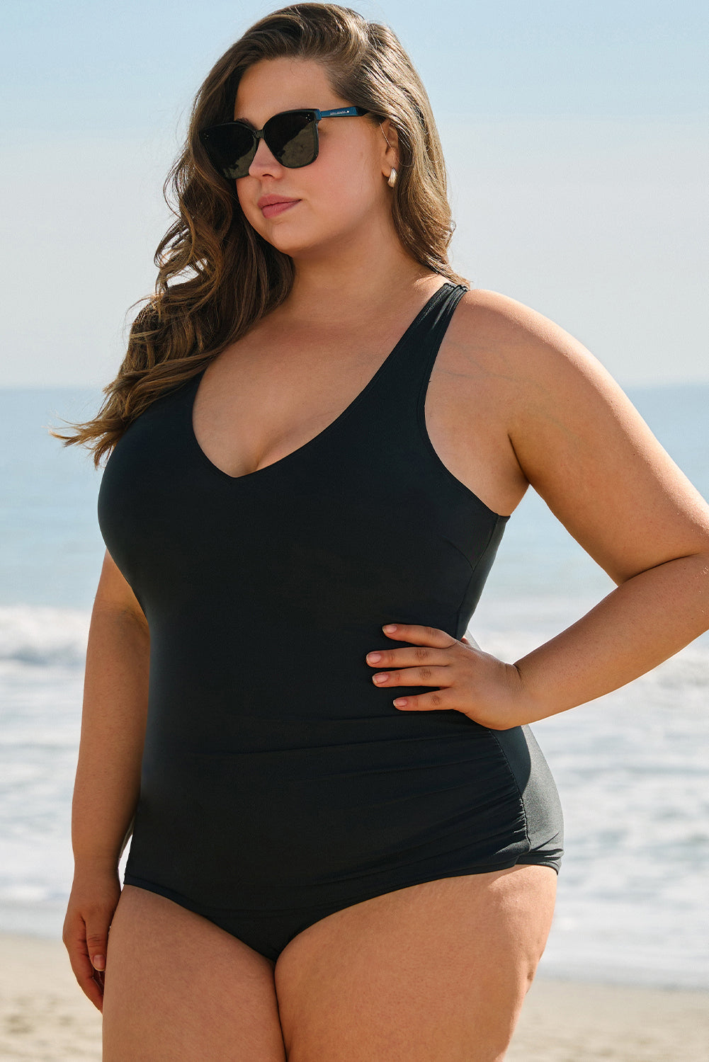Solid Color U Neck Padded Plus Size One Piece Swimsuit