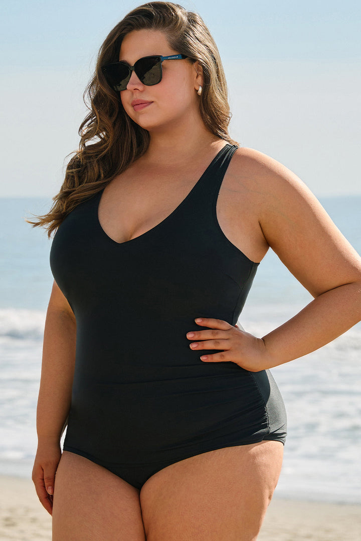 Solid Color U Neck Padded Plus Size One Piece Swimsuit