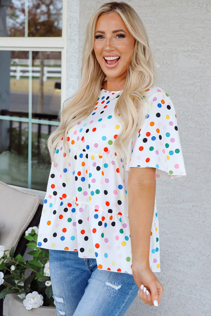 Colorful Polka Dot Short Sleeve Tiered Ruffled Babydoll Blouse