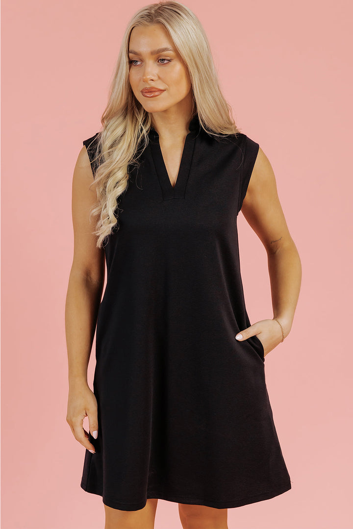 Solid Color Collared Slit Neck Sleeveless Mini Dress