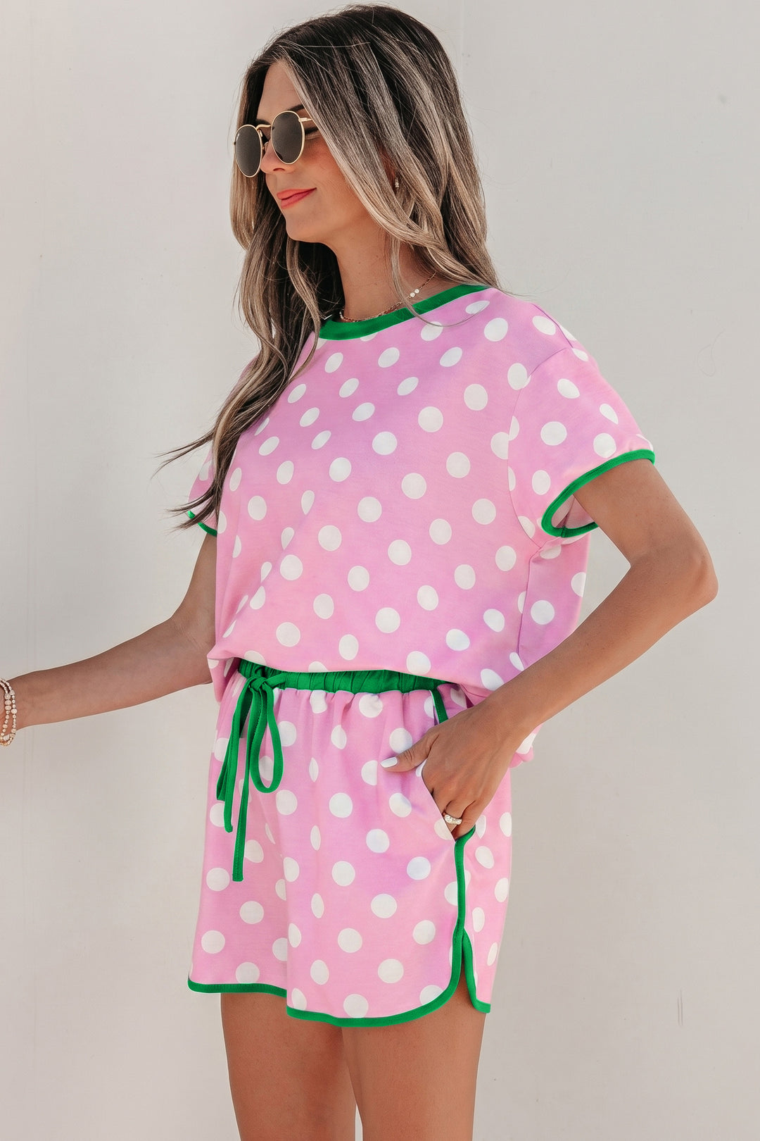 Pink Polka Dot Contrast Edge Casual Short Set
