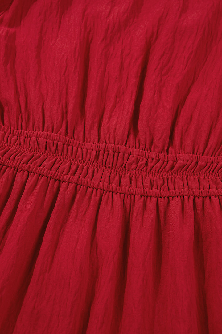 Contrast Embroidered Detail Cinched Waist Tiered Long Sleeve Maxi Dress
