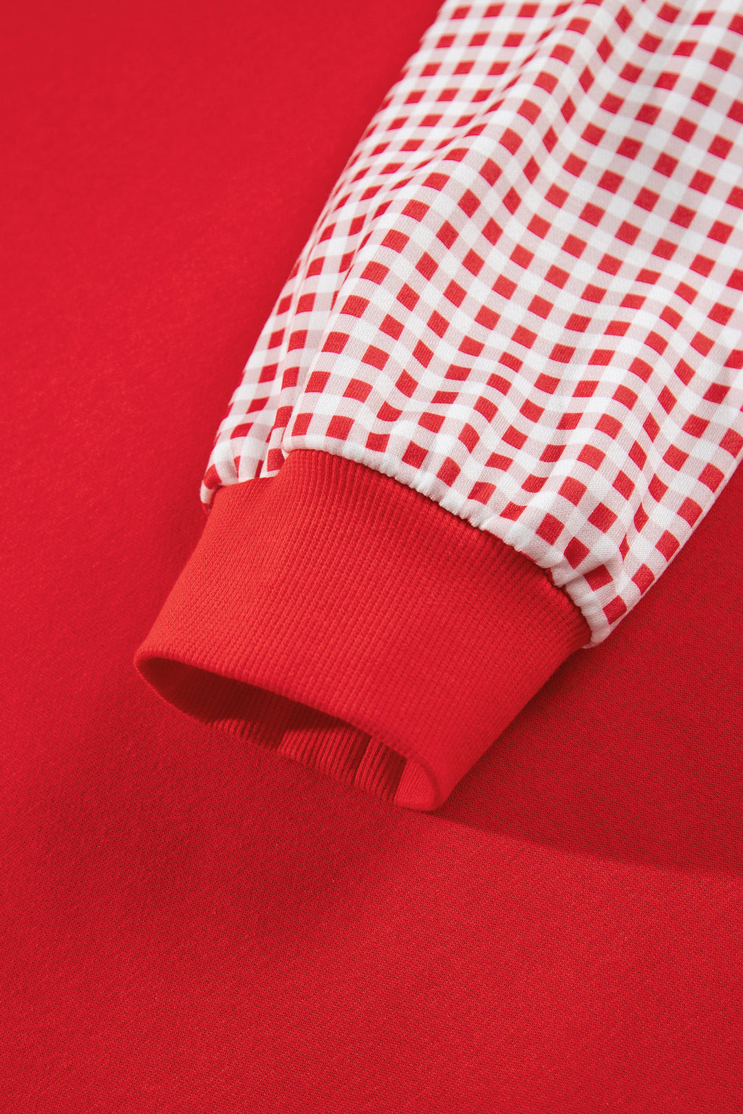Fiery Red Patchwork Plaid Loose Fit Long Sleeve Plus Size Sweatshirt