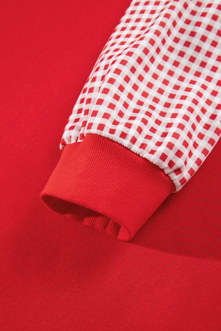 Fiery Red Patchwork Plaid Loose Fit Long Sleeve Plus Size Sweatshirt