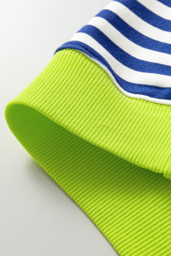 Striped Contrast Ribbed Trim Crossed Stitch Drop Shoulder Sweatshirt