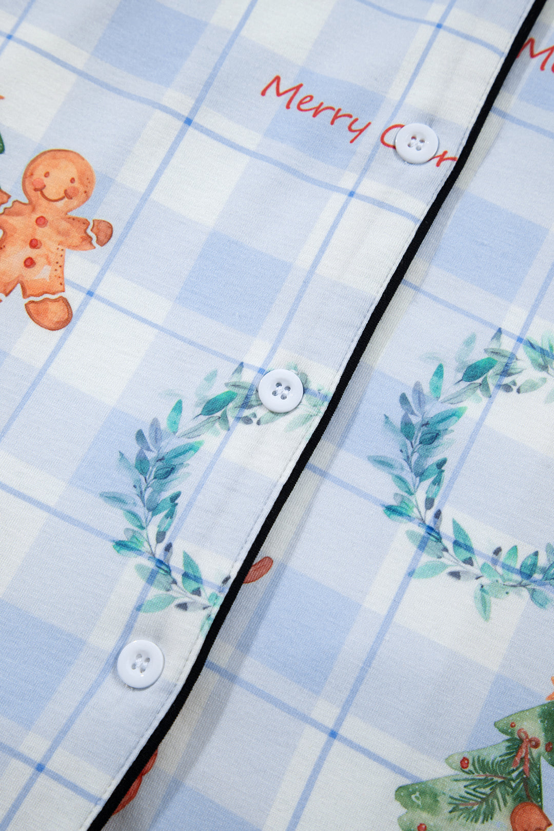 Sky Blue Plaid Cartoon Christmas Pattern Shirt Top 2pcs Pajama Set
