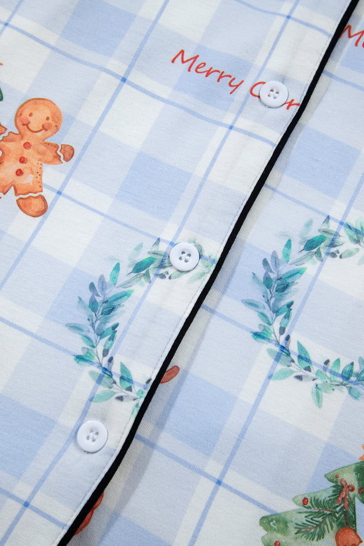 Sky Blue Plaid Cartoon Christmas Pattern Shirt Top 2pcs Pajama Set