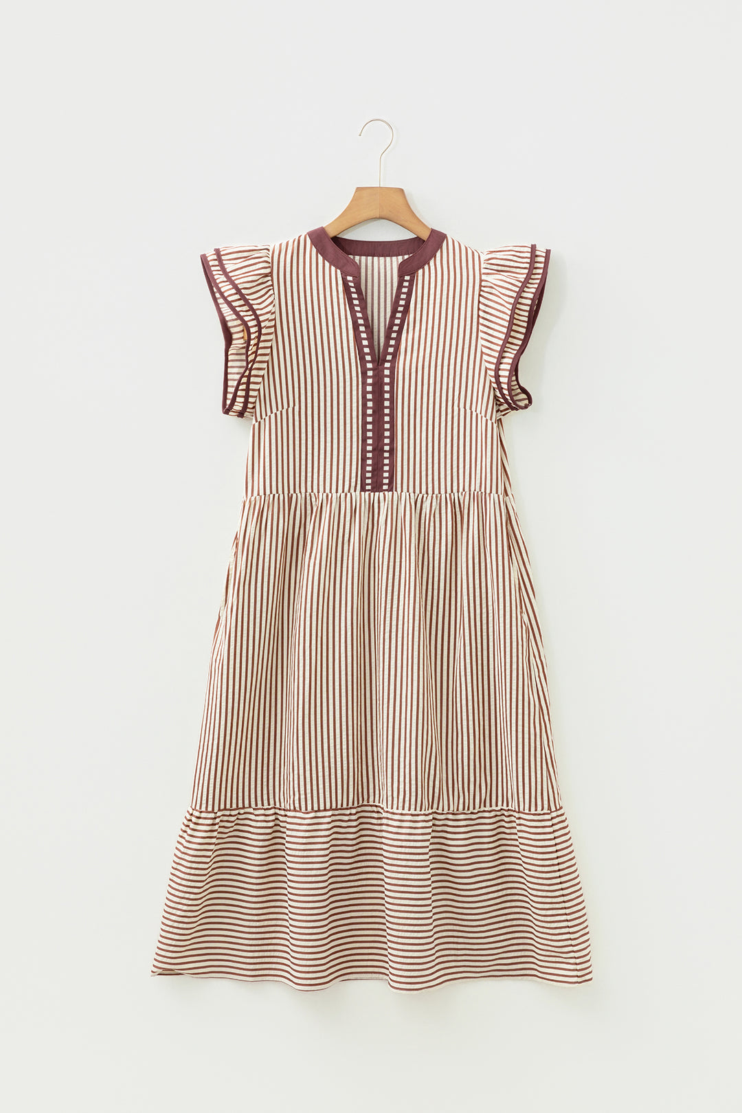 Double Ruffled Short Sleeve Contrast Trim V Neck Midi Dress