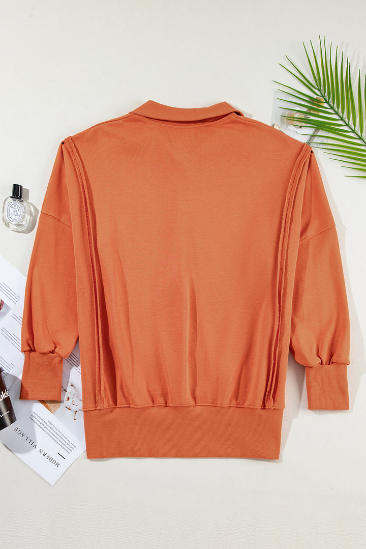 Buttoned Collared Raw Detail High Low Baggy Sweatshirt with Slits