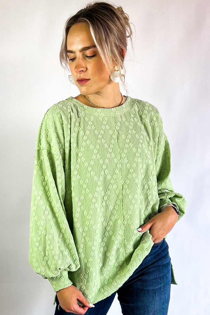 Light Green Solid Color Textured Side Split Crew Neck Top