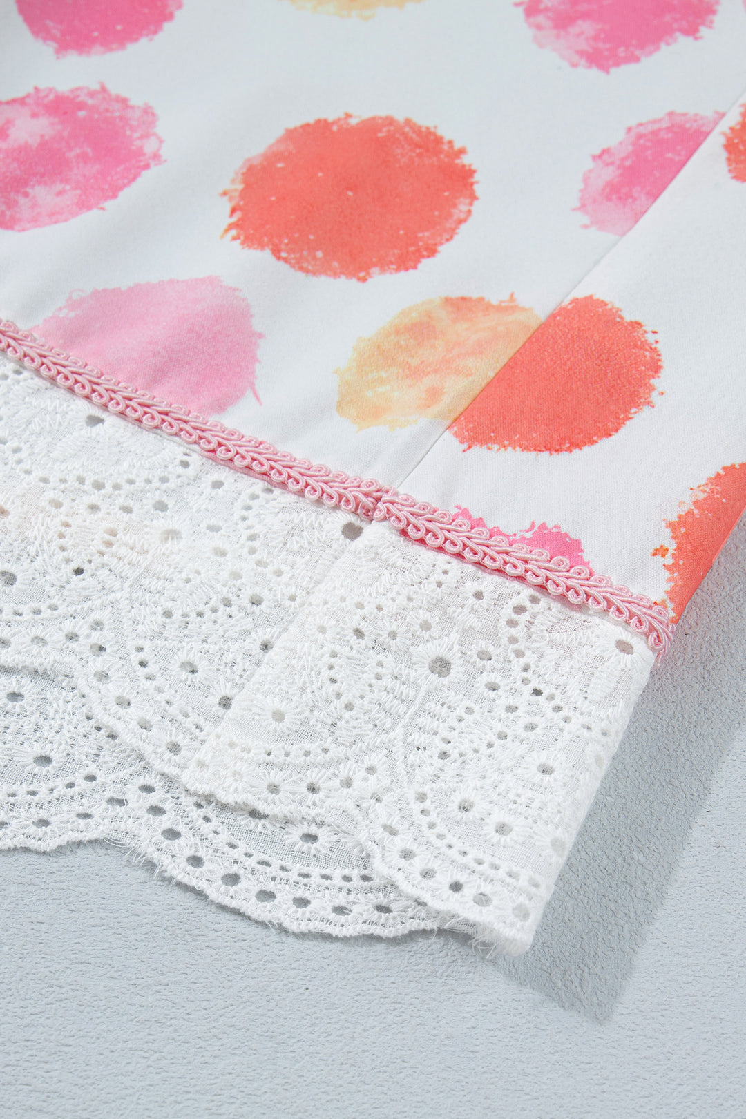 Pink Polka Dot Lace Trim Square Neck Puff Sleeve Blouse