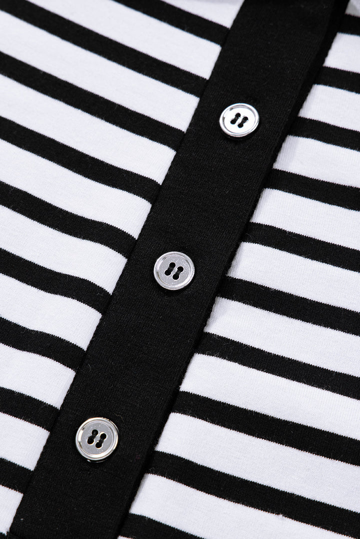 White Stripe Buttoned Front Collared Long Sleeve T Shirt Dress with Pockets