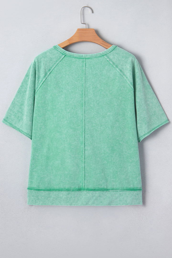 Half Buttons Raw Seam Raglan Sleeve Mineral Wash T Shirt