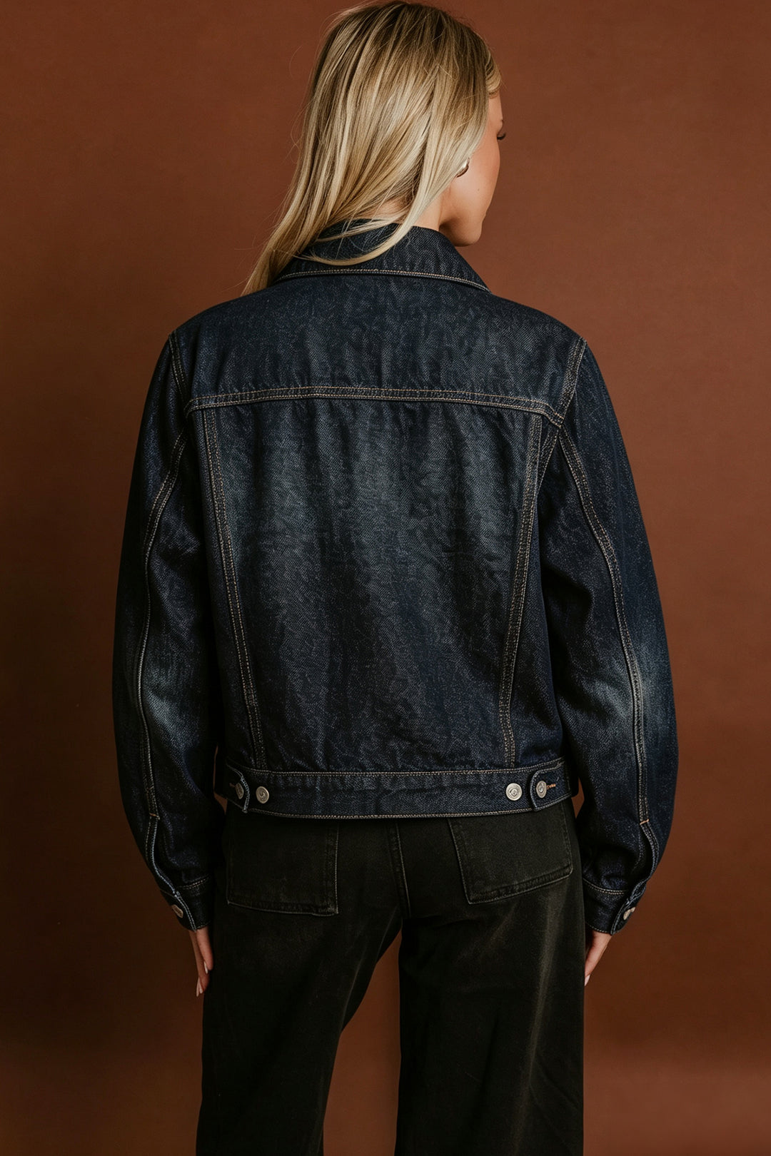 Navy Blue Contrast Stitched Detail Pocketed Vintage Denim Jacket