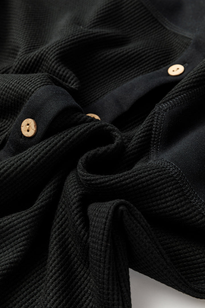 Black Waffle Knit Patchwork Exposed Seam Loose Shacket