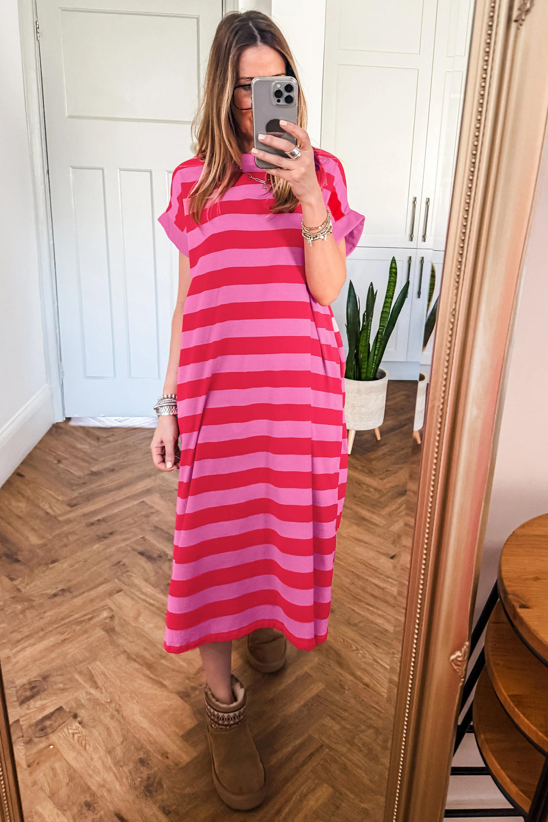 Rose Stripe Cuffed Short Sleeve Casual T Shirt Long Dress