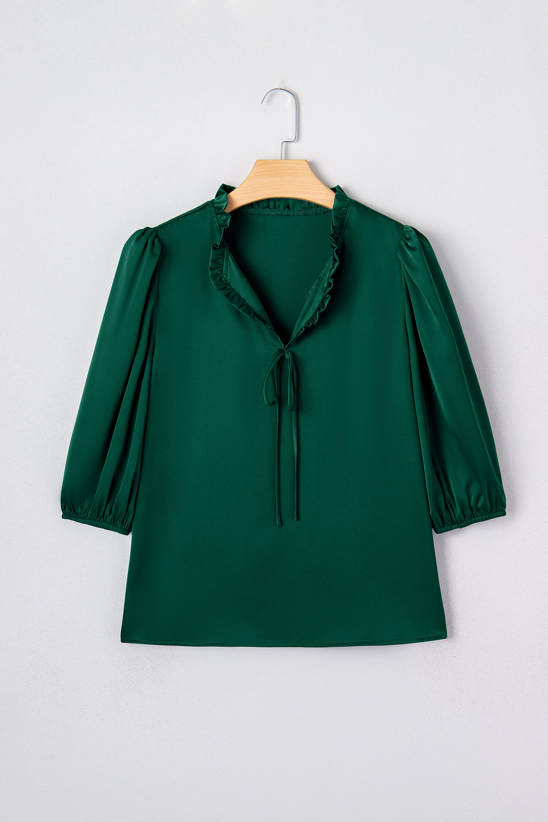 Solid Color Frilled V Neck Bow Detail 3/4 Sleeve Blouse