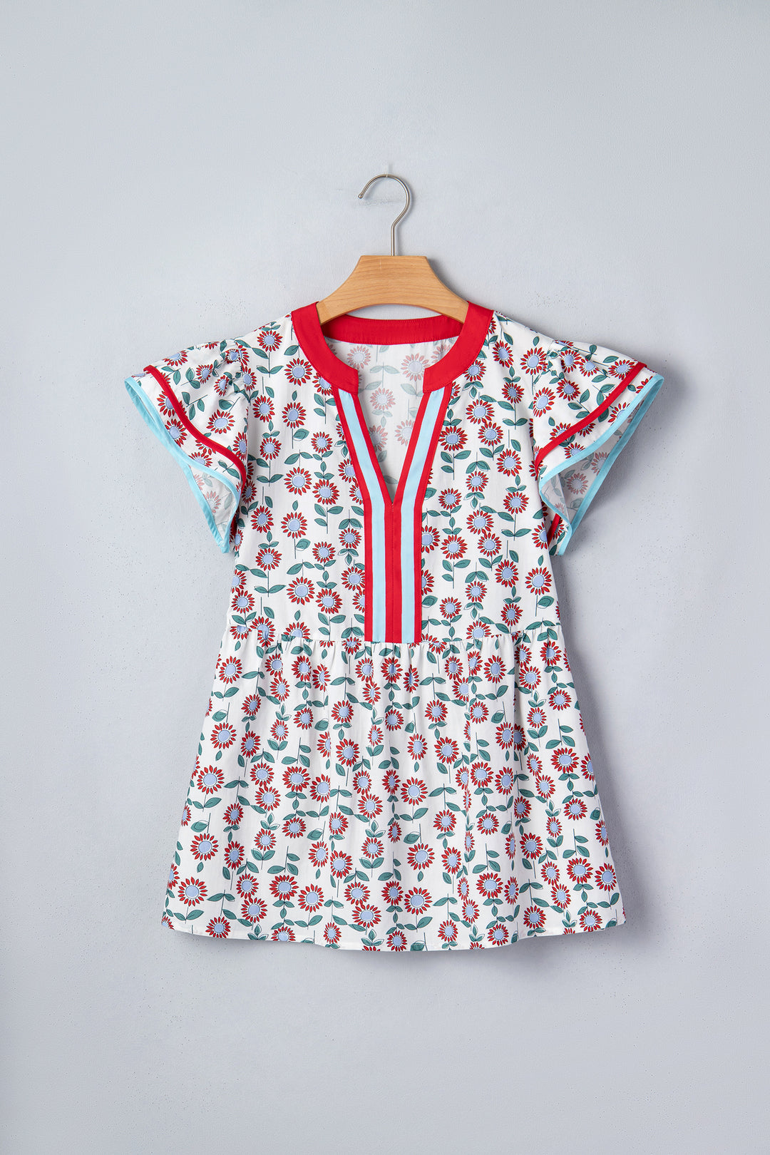 Red Sunflower Printed Contrast Trim V Neck Flutter Sleeve Blouse
