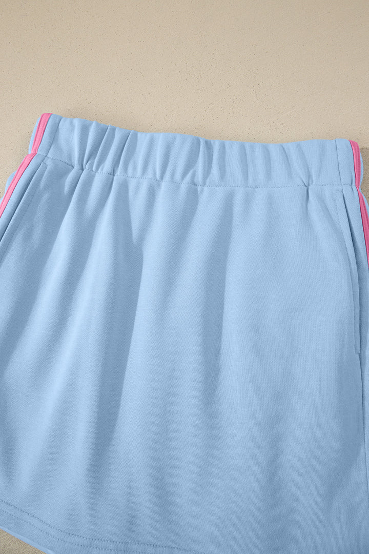 Sky Blue Ribbed Colorblock Trim Sporty Pullover Mini Skort 2pcs Athleisure Set