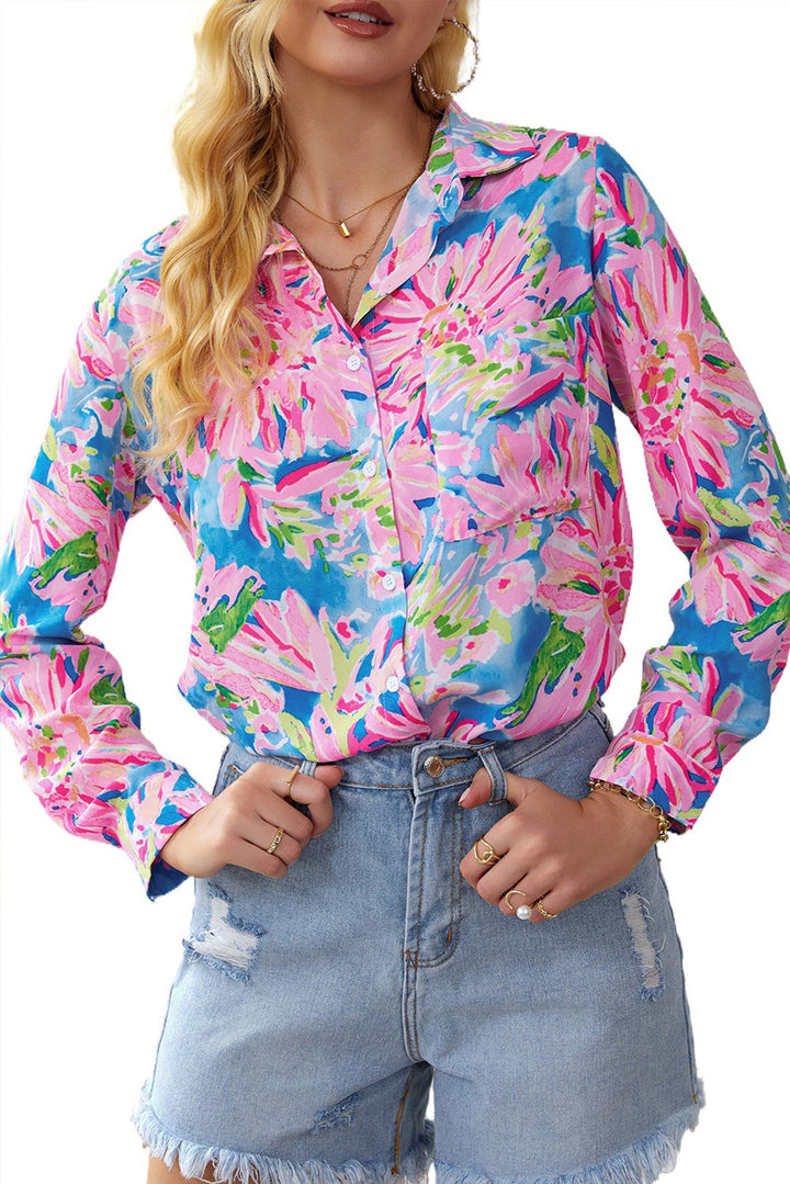 Pink Abstract Floral Print Buttoned Sheath Long Sleeve Shirt