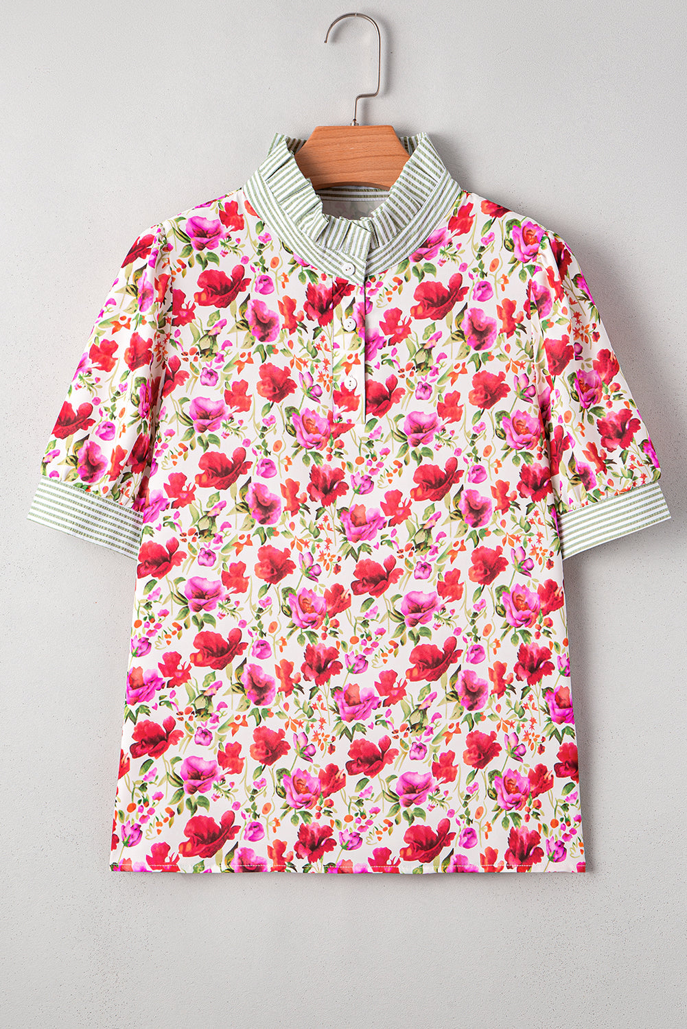 floral print striped patchwork collared short sleeve blouse