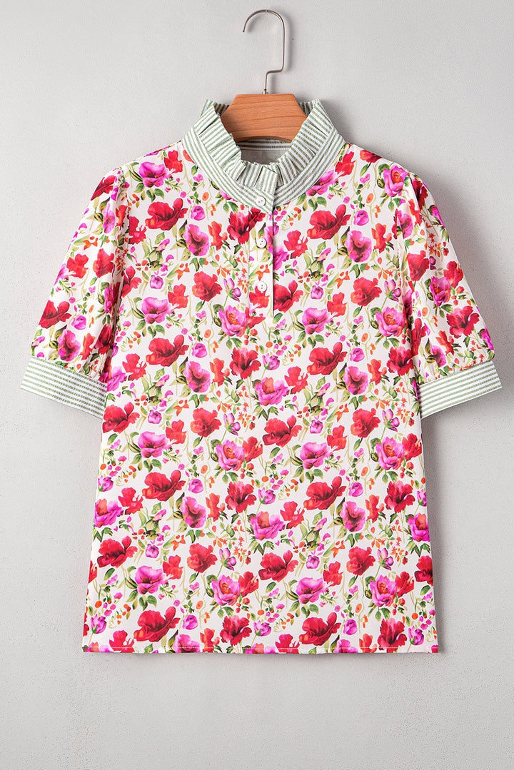floral print striped patchwork collared short sleeve blouse