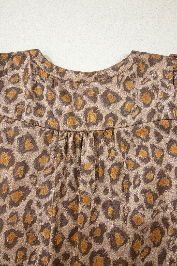 Leopard Print V Neck Ruffled Sleeve Tiered Loose Mini Dress