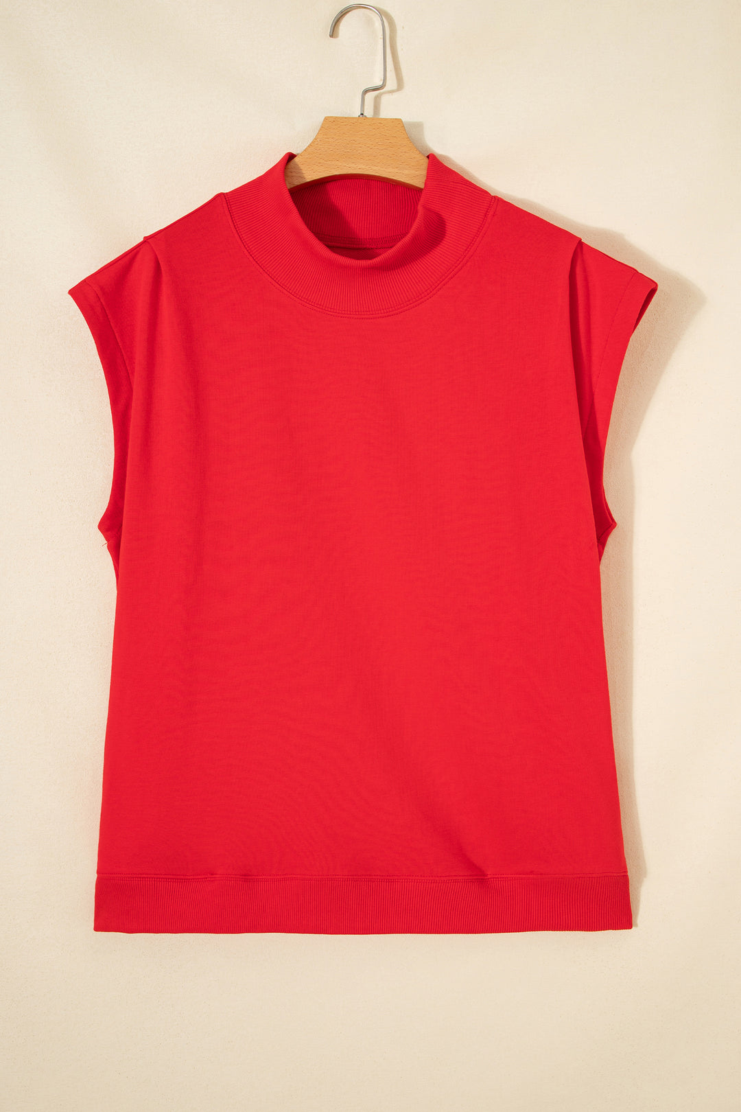 Racing Red Solid Color High Neck Cap Sleeve Loose Top