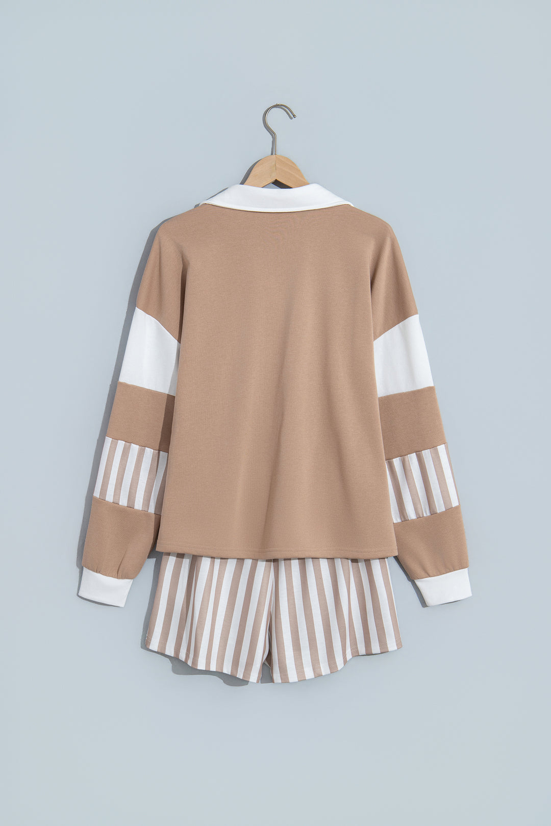 Smoke Gray Striped Color Block Pullover Top Drawstring Shorts Set