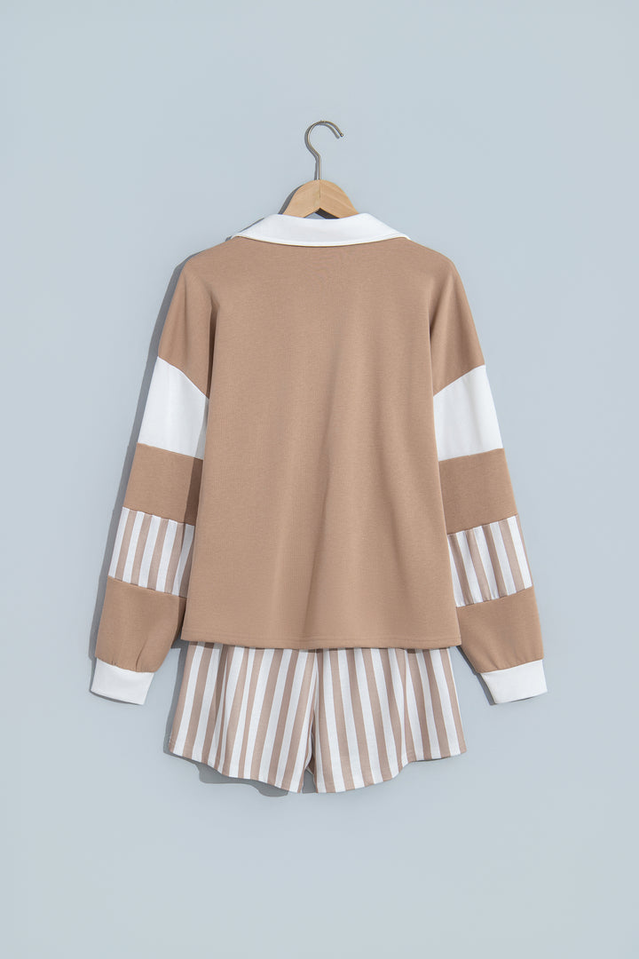 Smoke Gray Striped Color Block Pullover Top Drawstring Shorts Set