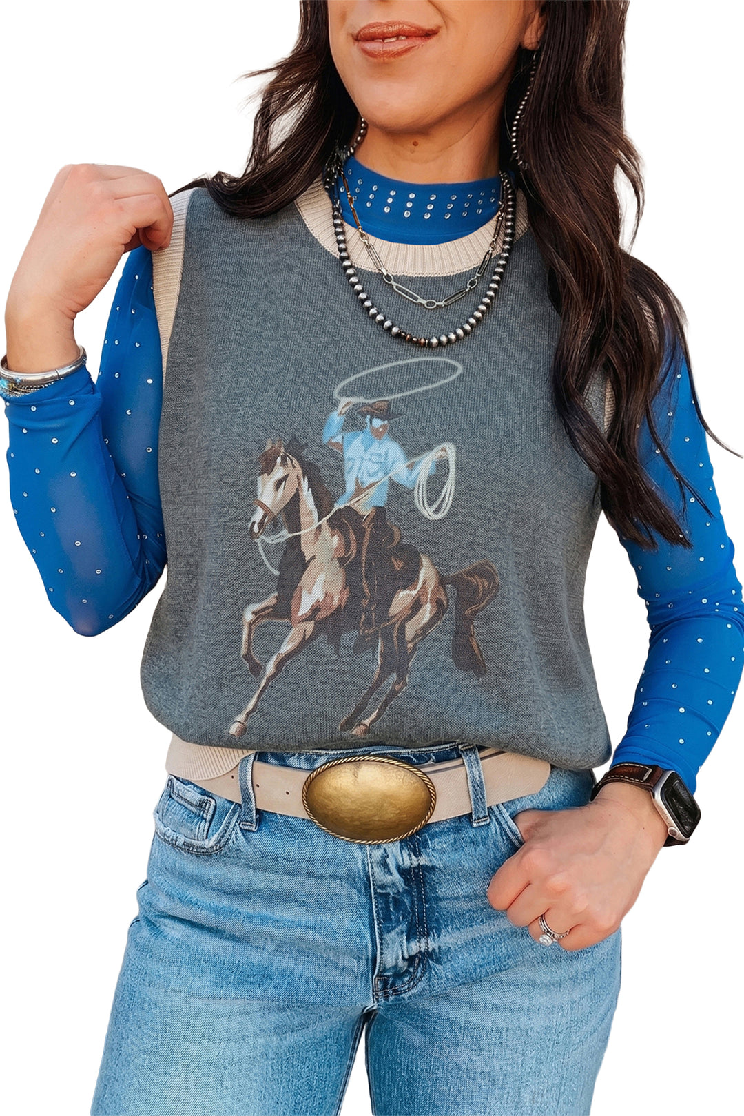 Gray Western Print Colorblock Trim Knitwear Vest