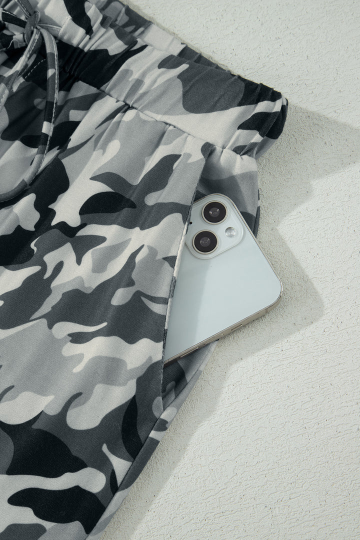 Green Camouflage Print Drawstring Casual Pants