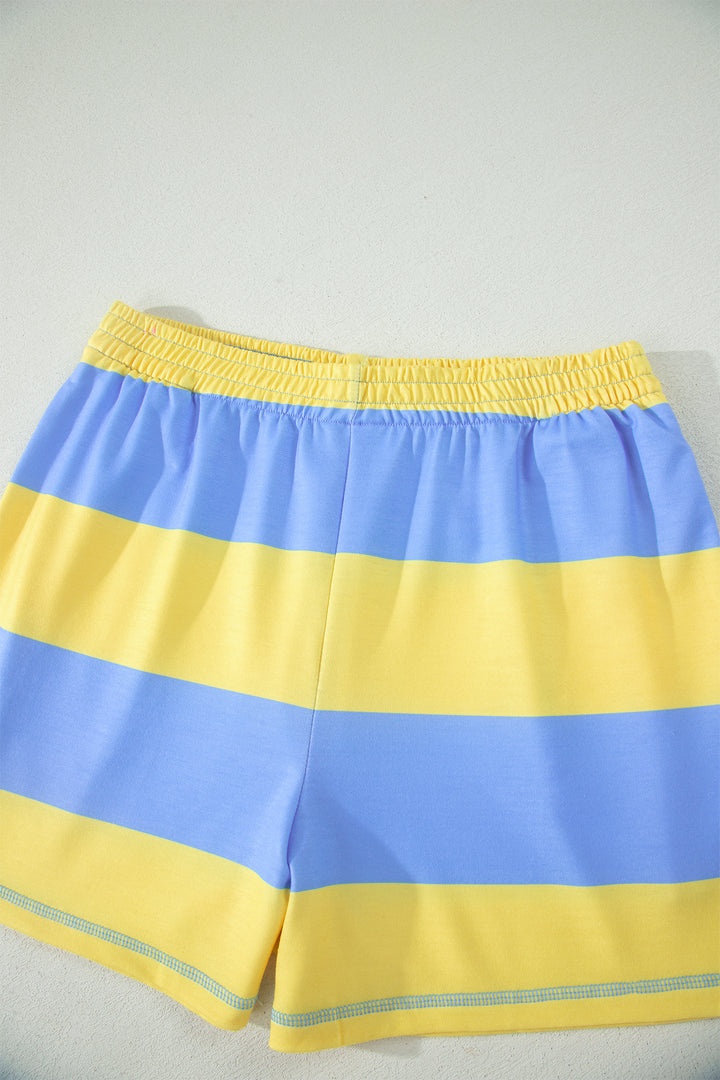 Yellow Stripe Half Zipper Placket Bracelet Sleeve Top Casual Shorts Set