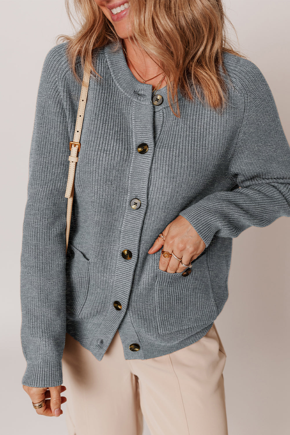 Chunky Buttoned Front Round Neck Cardigan Sweater