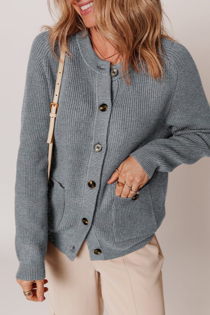 Chunky Buttoned Front Round Neck Cardigan Sweater