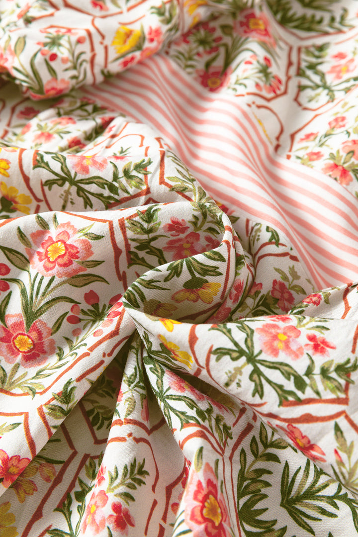 Pink Geometric Floral Print Striped Patchwork Detail Sleeveless Dress（Runs Small ）