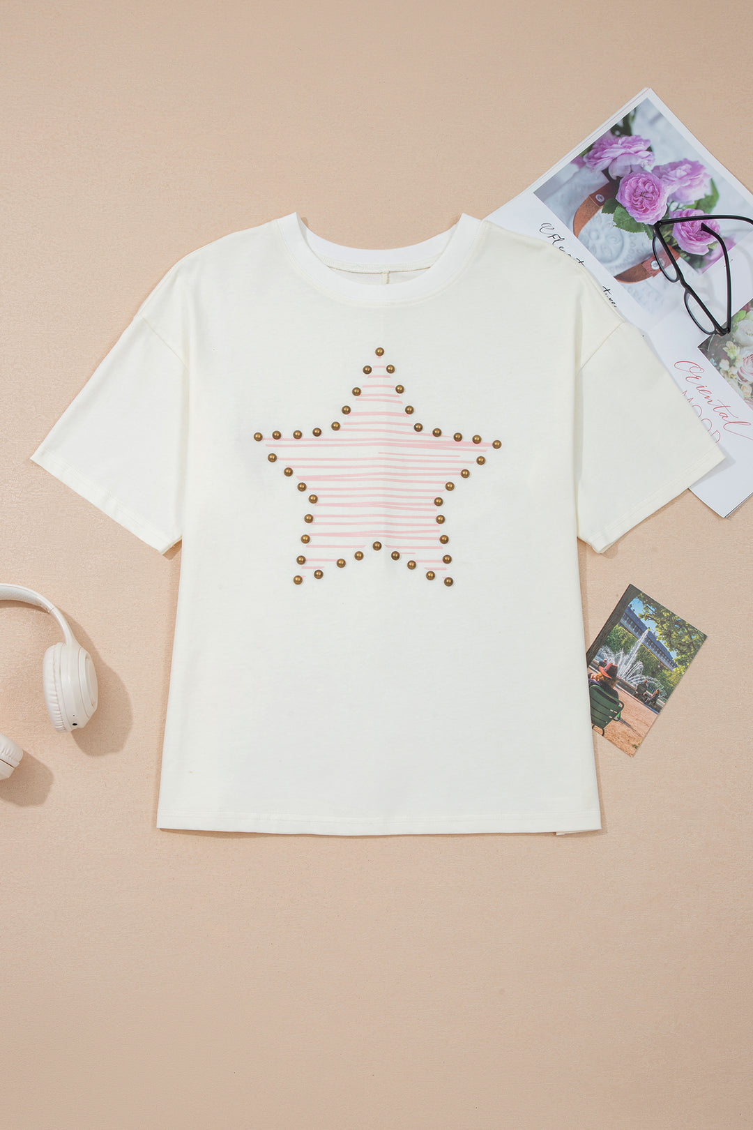 Cute Beige Star Print Stud Detail Cotton Jersey Top