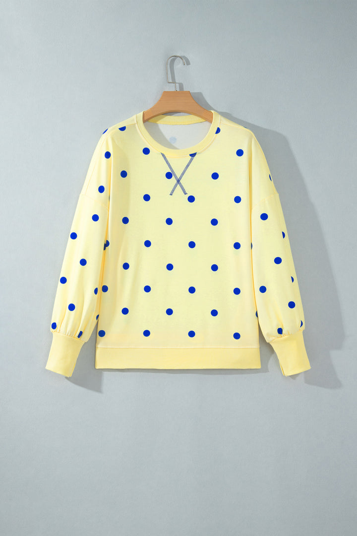 Yellow Polka Dot Loose Long Sleeve Split Hem Pullover Top