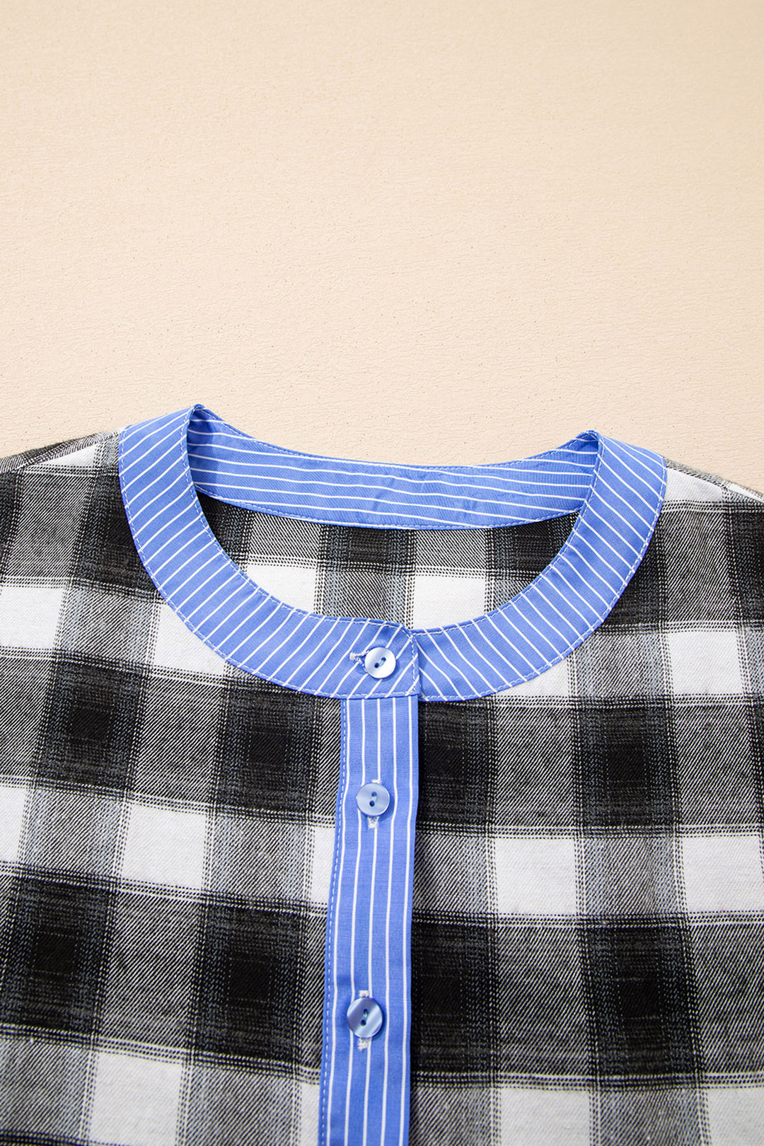 Contrast Striped Edge Half Placket Plaid Blouse