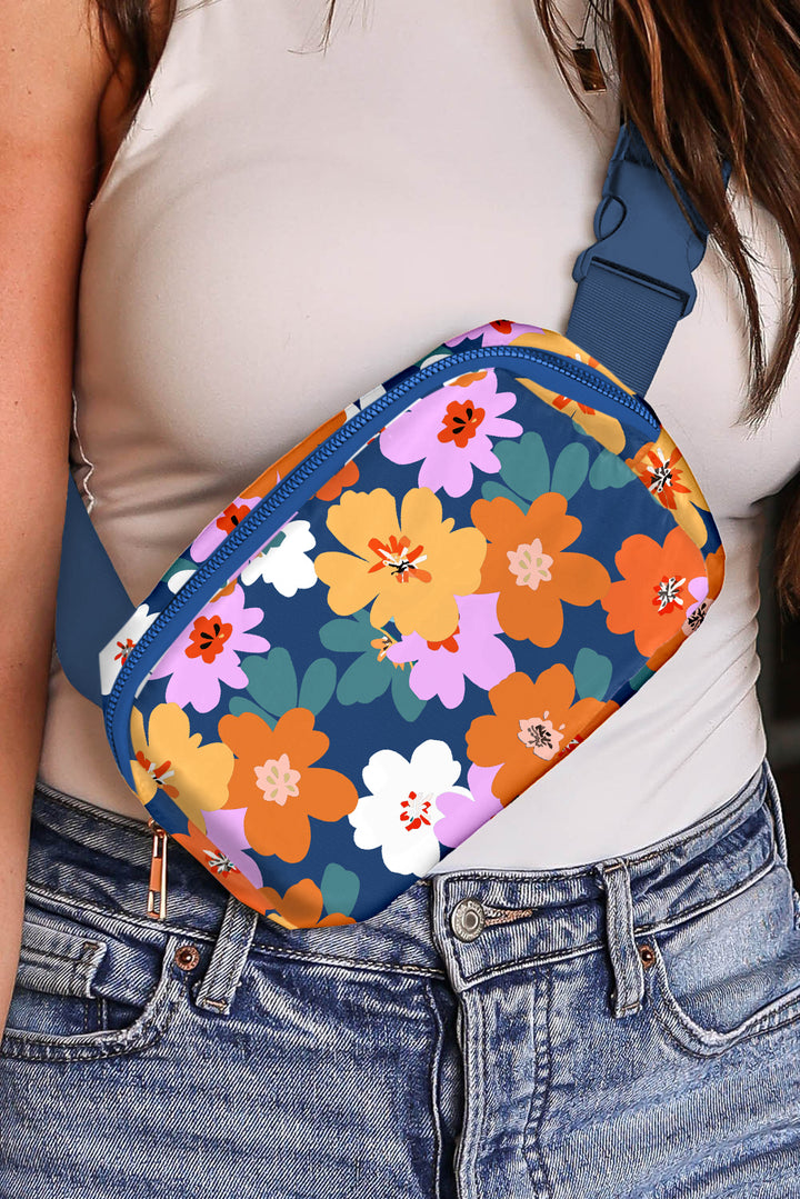 Flower Print Zipper Buckle Wide Strap Sling Bag
