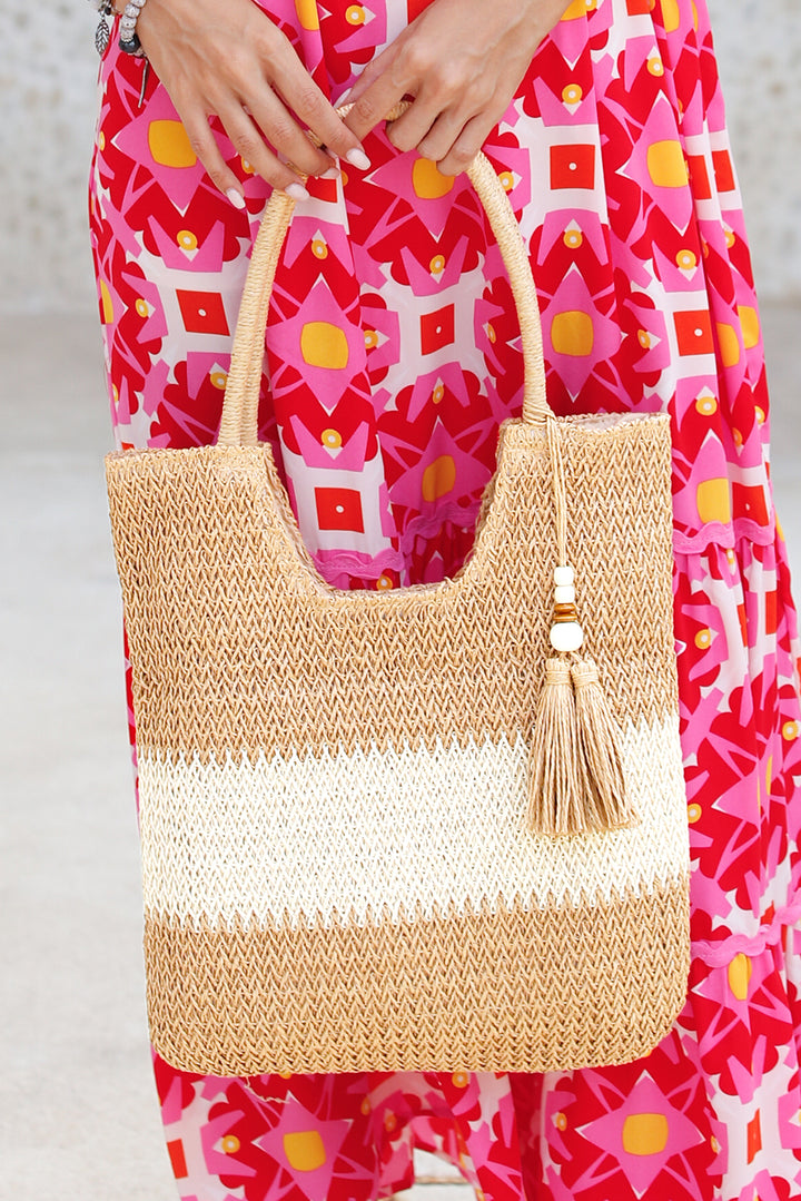 Color Block Straw Woven Tassel Decor Tote Bag
