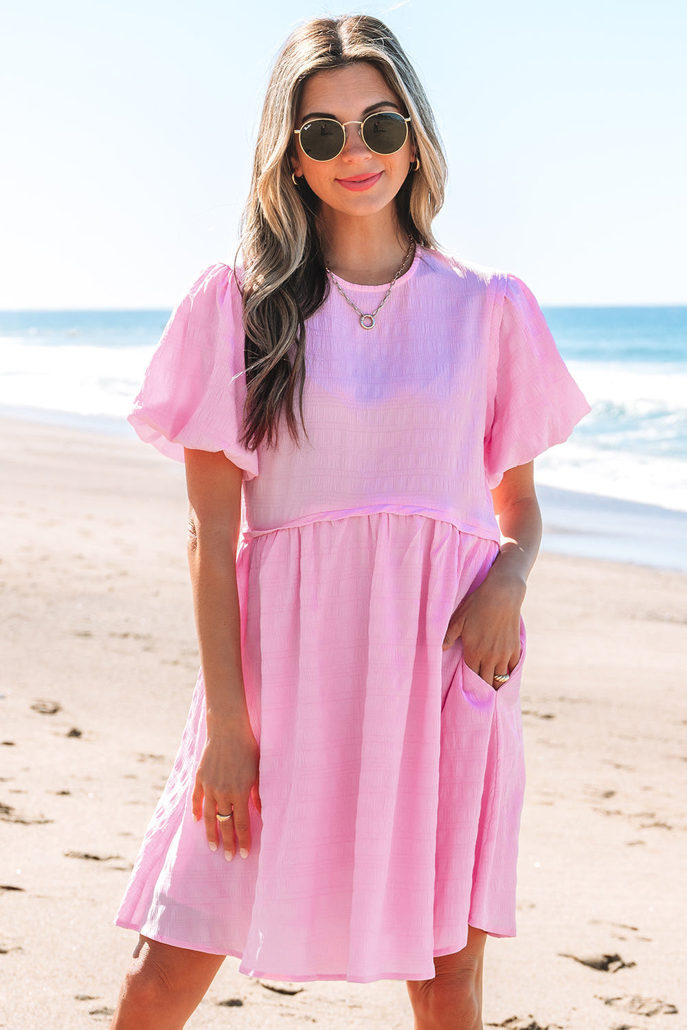 Textured Bubble Sleeve High Waist Mini Dress